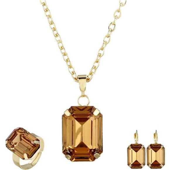 Gold-Tone Jewelry Set with Topaz Crystal- Gemstone Pendant, Ring & Earrings - Picture 1 of 6
